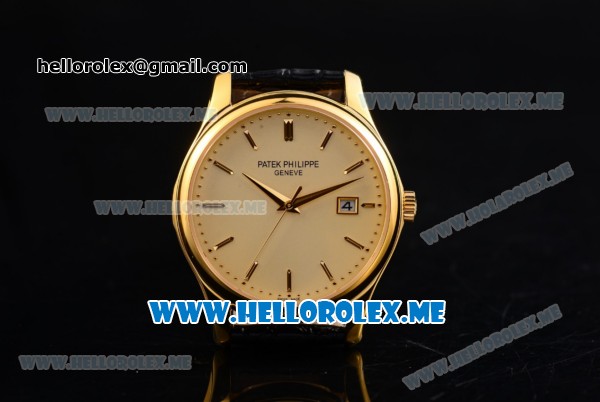 Patek Philippe Calatrava Miyota Quartz Yellow Gold Case with Yellow Gold Dial and Black Leather Strap Stick Markers - Click Image to Close